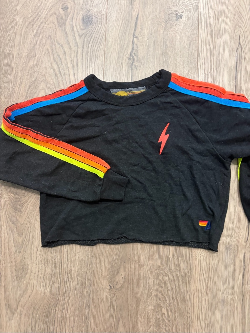 Aviator Nation  Black Crewneck cropped sweatshirt rainbow with lightning bolt XS